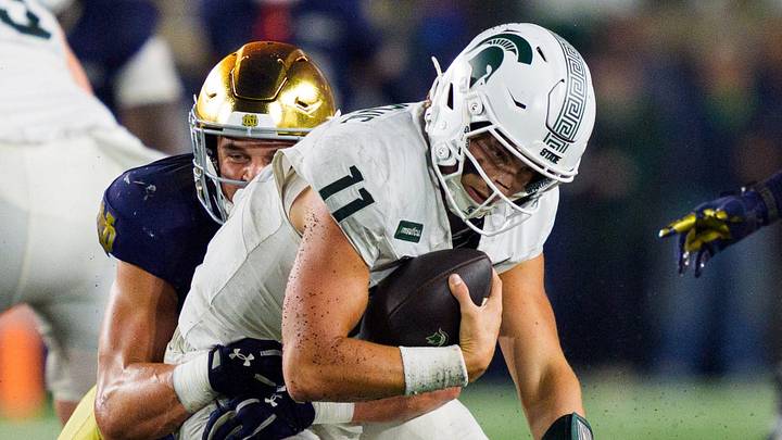 Notre Dame safety Luke Talich, left, sacks Michigan State quarterback Alessio Milivojevic (11) during a NCAA football game at Notre Dame Stadium on Saturday, Sept. 19, 2026, in South Bend. Notre Dame safety Luke Talich, left, sacks Michigan State quarterback Alessio Milivojevic (11) during a NCAA football game at Notre Dame Stadium on Saturday, Sept. 19, 2026, in South Bend.