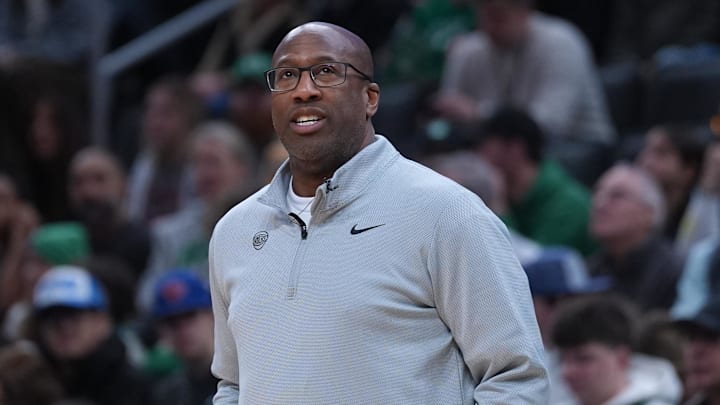 Feb 8, 2026; Boston, Massachusetts, USA; New York Knicks head coach Mike Brown watches from the sideline as they take on the Boston Celtics at TD Garden. Mandatory Credit: David Butler II-Imagn Images