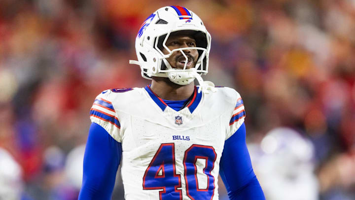 Jan 26, 2025; Kansas City, MO, USA; Buffalo Bills linebacker Von Miller (40) against the Kansas City Chiefs during the AFC Championship game at GEHA Field at Arrowhead Stadium. Mandatory Credit: Mark J. Rebilas-Imagn Images