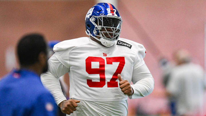 Jun 17, 2025; East Rutherford, NJ, USA; New York Giants defensive tackle Dexter Lawrence II (97) participates in a drill during minicamp at Quest Diagnostics Training Center. Mandatory Credit: John Jones-Imagn Images