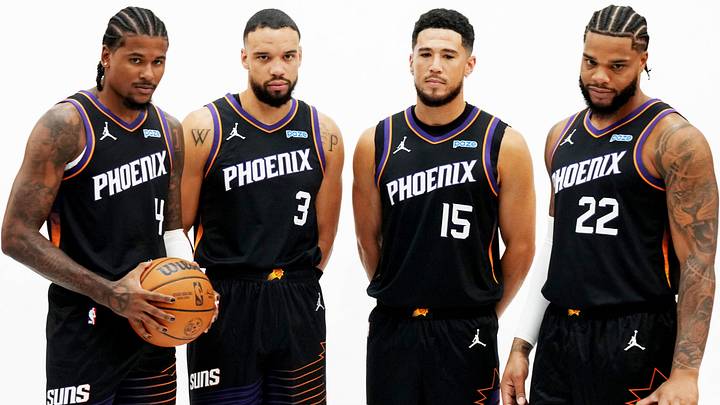Sep 28, 2026; Phoenix, AZ, USA;  Phoenix Suns guard Jalen Green (4), forward Dillon Brooks (3), guard Devin Booker (1), and forward Miles Bridges (22) pose for a photo on Media Day at Mortgage Matchup Center.  Mandatory Credit: Rick Scuteri-Imagn Images