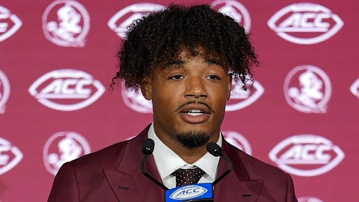 Jul 23, 2025; Charlotte, NC, USA; FSU quarterback Tommy Castellanos answers questions from the media during ACC Media days at Hilton Charlotte Uptown. Mandatory Credit: Jim Dedmon-Imagn Images