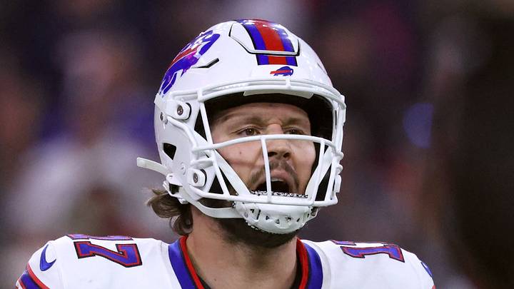 Nov 20, 2025; Houston, Texas, USA; Buffalo Bills quarterback Josh Allen (17) reacts after throwing an interception in the second quarter against the Houston Texans at NRG Stadium. Mandatory Credit: Troy Taormina-Imagn Images