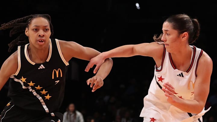 Apr 1, 2025; Brooklyn, NY, USA; McDonald's All American East wing Nyla Brooks (7) dribbles the ball against McDonald's All American West guard Addie Deal (7) during the second half of the game at Barclays Center. Mandatory Credit: Pamela Smith-Imagn Images Apr 1, 2025; Brooklyn, NY, USA; McDonald's All American East wing Nyla Brooks (7) dribbles the ball against McDonald's All American West guard Addie Deal (7) during the second half of the game at Barclays Center. Mandatory Credit: Pamela Smith-Imagn Images