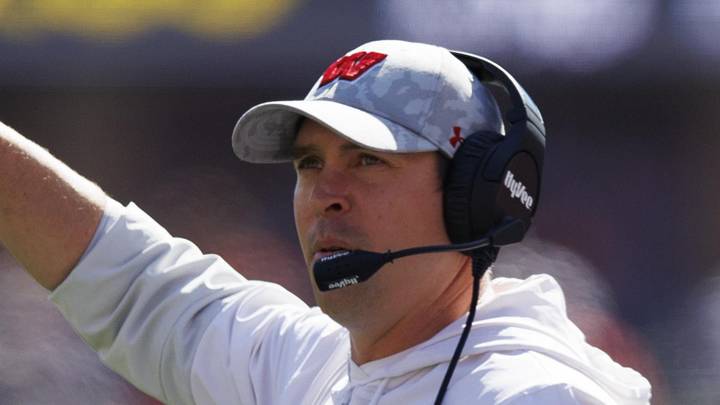 Oct 1, 2022; Madison, Wisconsin, USA;  Wisconsin Badgers defensive coordinator Jim Leonhard during the game against the Illinois Fighting Illini at Camp Randall Stadium. Mandatory Credit: Jeff Hanisch-Imagn Images