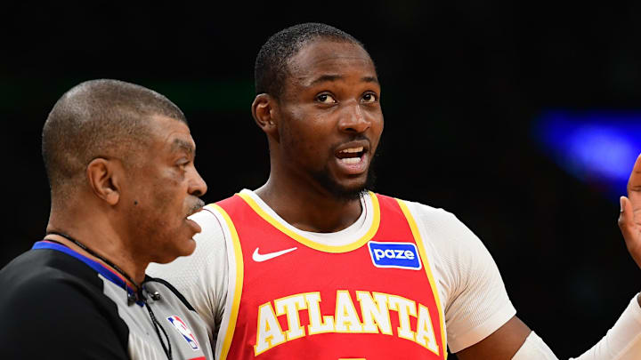 Mar 27, 2026; Boston, Massachusetts, USA; Atlanta Hawks forward Jonathan Kuminga (0) talks with an official during the second half against the Boston Celtics at TD Garden. Mandatory Credit: Bob DeChiara-Imagn Images Mar 27, 2026; Boston, Massachusetts, USA; Atlanta Hawks forward Jonathan Kuminga (0) talks with an official during the second half against the Boston Celtics at TD Garden. Mandatory Credit: Bob DeChiara-Imagn Images