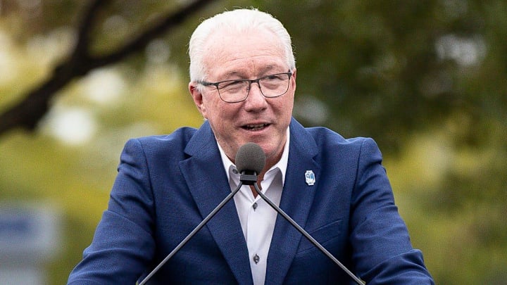 Detroit Lions president Rod Wood speaks during the ceremony to unveil Barry Sanders statue outside of Ford Field in Detroit on Saturday, Sept. 16, 2023.