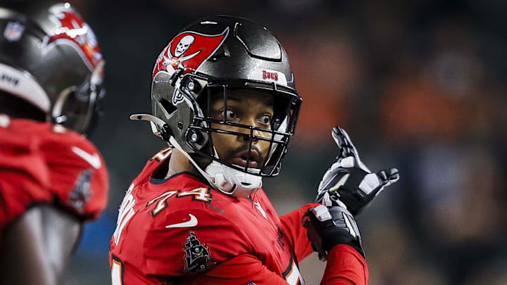 Aug 10, 2024; Cincinnati, Ohio, USA; Tampa Bay Buccaneers defensive end Earnest Brown IV (74) reacts after a play in the second half against the Cincinnati Bengals at Paycor Stadium. Mandatory Credit: Katie Stratman-Imagn Images Aug 10, 2024; Cincinnati, Ohio, USA; Tampa Bay Buccaneers defensive end Earnest Brown IV (74) reacts after a play in the second half against the Cincinnati Bengals at Paycor Stadium. Mandatory Credit: Katie Stratman-Imagn Images