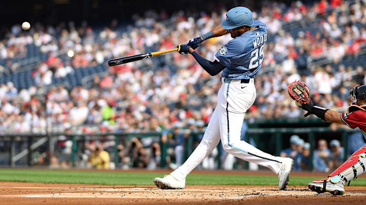 Apr 5, 2025; Washington, District of Columbia, USA; Washington Nationals outfielder James Wood (29) hits a double during the first inning against the Arizona Diamondbacks at Nationals Park.
