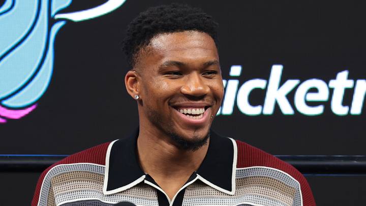 Jul 16, 2026; Miami, FL, USA; Miami Heat forward Giannis Antetokounmpo (7) reacts during his introductory press conference at Kaseya Center. Mandatory Credit: Sam Navarro-Imagn Images Jul 16, 2026; Miami, FL, USA; Miami Heat forward Giannis Antetokounmpo (7) reacts during his introductory press conference at Kaseya Center. Mandatory Credit: Sam Navarro-Imagn Images