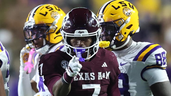 Oct 25, 2025; Baton Rouge, Louisiana, USA; Texas A&M Aggies wide receiver KC Concepcion (7) celebrates after a first down during the first half against the Louisiana State Tigers at Tiger Stadium. Mandatory Credit: Stephen Lew-Imagn Images