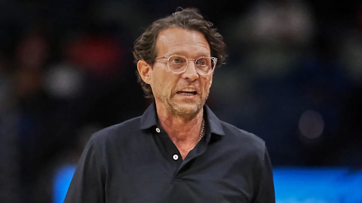 Atlanta Hawks head coach Quin Snyder reacts against the New Orleans Pelicans during the first half of the game at the Smoothie King Center on November 22, 2025.