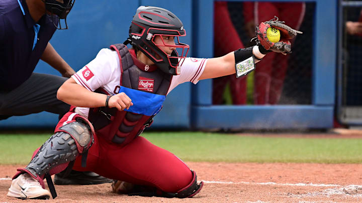 Senior catcher Isabela Emerling holds the ball in a game against the Mississippi State Bulldogs at Devon Park on April 18. 2025 in Oklahoma City.