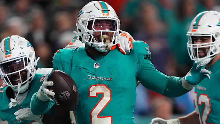 Miami Dolphins linebacker Bradley Chubb (2) celebrates after recovering the fumble of Tennessee Titans running back Derrick Henry (not pictured) during the second half at Hard Rock Stadium.