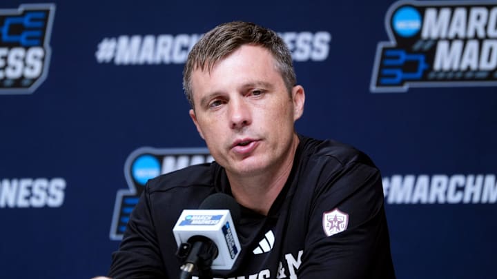 Texas A&M head men's basketball coach Bucky McMillan speaks to the media during practice and media day for the first round of the NCAA basketball tournament at Paycom Center in Oklahoma City, Okla., Wednesday March 18, 2026.