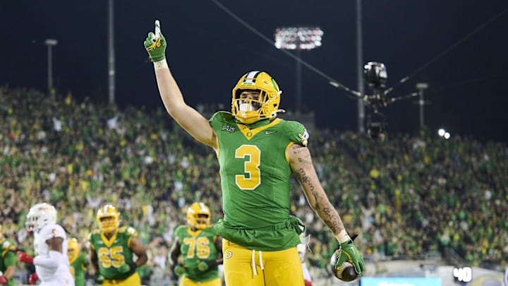 Nov 9, 2024; Eugene, Oregon, USA; Oregon Ducks tight end Terrance Ferguson (3) celebrates after catching a touchdown pass during the first half against the Maryland Terrapins at Autzen Stadium. Mandatory Credit: Troy Wayrynen-Imagn Images