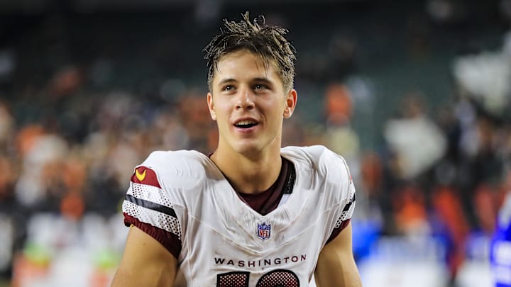 Sep 23, 2024; Cincinnati, Ohio, USA; Washington Commanders wide receiver Luke McCaffrey (12) acknowledges fans after the victory over the Cincinnati Bengals at Paycor Stadium. Mandatory Credit: Katie Stratman-Imagn Images