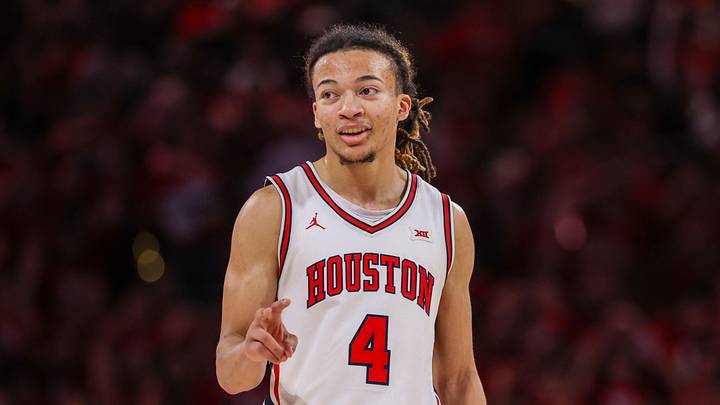 Mar 4, 2026; Houston, Texas, USA; Houston Cougars guard Kingston Flemings (4) reacts while playing against the Baylor Bears in the second half at Fertitta Center. Mandatory Credit: Thomas Shea-Imagn Images
