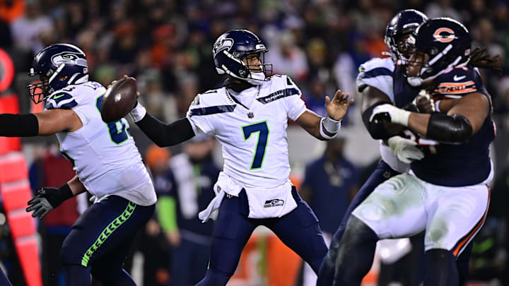 Dec 26, 2024; Chicago, Illinois, USA; Seattle Seahawks quarterback Geno Smith (7) passes the ball against the Chicago Bears during the second quarter at Soldier Field. Mandatory Credit: Daniel Bartel-Imagn Images
