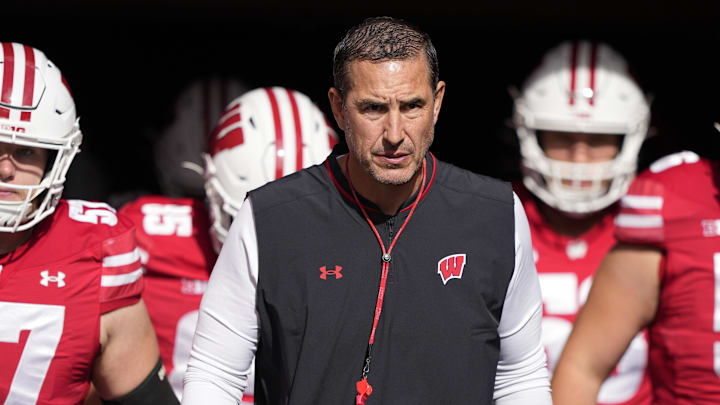 Oct 18, 2025; Madison, Wisconsin, USA; Wisconsin Badgers head coach Luke Fickell during warmups prior to the game against the Ohio State Buckeyes at Camp Randall Stadium. Mandatory Credit: Jeff Hanisch-Imagn Images Oct 18, 2025; Madison, Wisconsin, USA; Wisconsin Badgers head coach Luke Fickell during warmups prior to the game against the Ohio State Buckeyes at Camp Randall Stadium. Mandatory Credit: Jeff Hanisch-Imagn Images