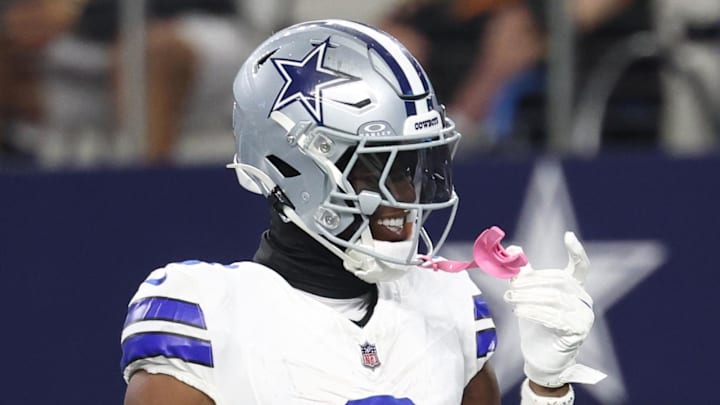 Sep 28, 2025; Arlington, Texas, USA; Dallas Cowboys wide receiver George Pickens (3) celebrates after scoring a touchdown in the fourth quarter against the Green Bay Packers at AT&T Stadium. Mandatory Credit: Kevin Jairaj-Imagn Images