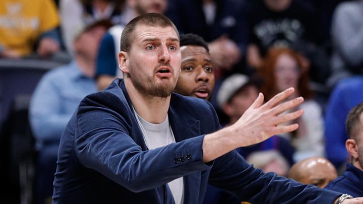 Jan 11, 2026; Denver, Colorado, USA; Denver Nuggets center Nikola Jokic reacts from the bench in the fourth quarter against the Milwaukee Bucks at Ball Arena. Mandatory Credit: Isaiah J. Downing-Imagn Images