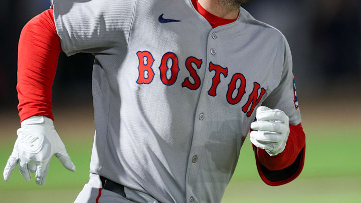 Sep 20, 2025; Tampa, Florida, USA; Boston Red Sox third baseman Alex Bregman (2) runs to first base after hitting an rbi single against the Tampa Bay Rays in the fifth inning at George M. Steinbrenner Field. Mandatory Credit: Nathan Ray Seebeck-Imagn Images