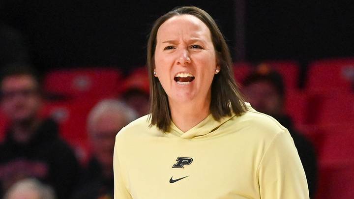 Jan 14, 2024; College Park, Maryland, USA; Purdue Boilermakers head coach Katie Gearlds reacts to a call. Jan 14, 2024; College Park, Maryland, USA; Purdue Boilermakers head coach Katie Gearlds reacts to a call.