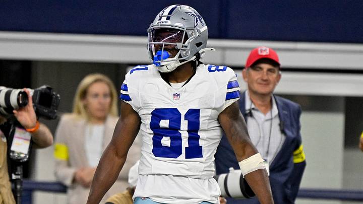 Dallas Cowboys wide receiver Jonathan Mingo celebrates after he catches a pass for a first down against the Baltimore Ravens.