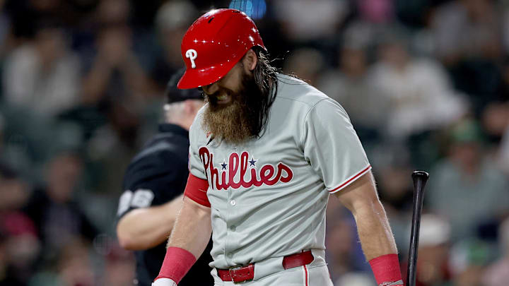 May 23, 2025; West Sacramento, California, USA; Philadelphia Phillies outfielder Brandon Marsh (16) reacts after striking out against the Athletics during the ninth inning at Sutter Health Park. 