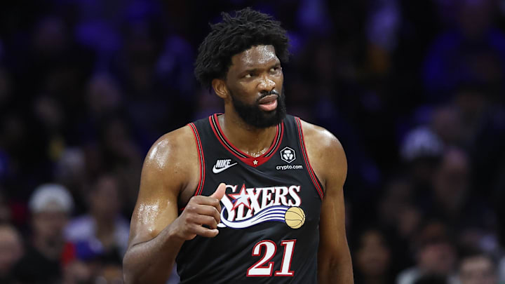 Philadelphia 76ers center Joel Embiid (21) reacts against the Los Angeles Lakers during the second quarter at Xfinity Mobile Arena. Philadelphia 76ers center Joel Embiid (21) reacts against the Los Angeles Lakers during the second quarter at Xfinity Mobile Arena.