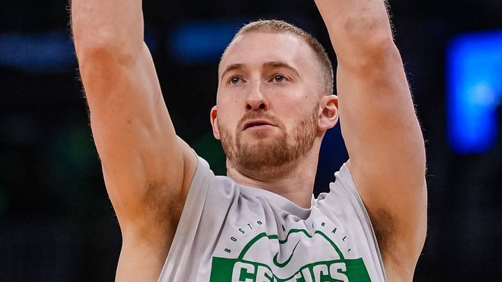 Apr 28, 2026; Boston, Massachusetts, USA; Boston Celtics forward Sam Hauser (30) warms up before the start of the game against the Philadelphia 76ers during game five of the first round of the 2026 NBA Playoffs at TD Garden. Mandatory Credit: David Butler II-Imagn Images