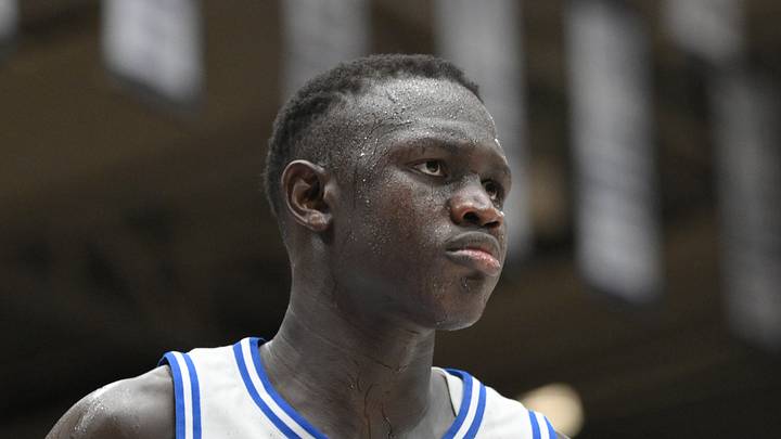 Durham, North Carolina, USA; Duke Blue Devils center Khaman Maluach (9) reacting after dunking against the Stanford Cardinal during the second half at Cameron Indoor Stadium on Feb 15, 2025. Blue Devils won 106-70. Durham, North Carolina, USA; Duke Blue Devils center Khaman Maluach (9) reacting after dunking against the Stanford Cardinal during the second half at Cameron Indoor Stadium on Feb 15, 2025. Blue Devils won 106-70.