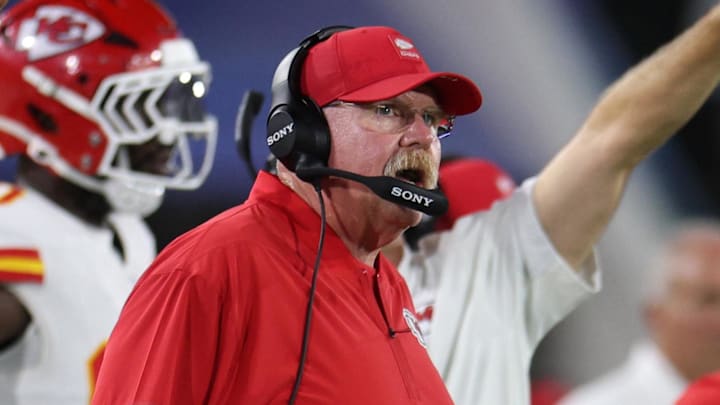 Oct 6, 2025; Jacksonville, Florida, USA; Kansas City Chiefs head coach Andy Reid during the first half against the Jacksonville Jaguars at EverBank Stadium. Mandatory Credit: Nathan Ray Seebeck-Imagn Images