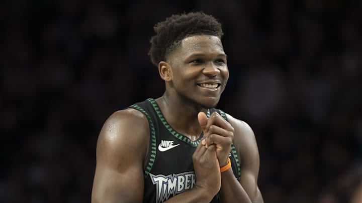 Feb 6, 2026; Minneapolis, Minnesota, USA; Minnesota Timberwolves guard Anthony Edwards (5) smiles against the New Orleans Pelicans in the second half at Target Center. Mandatory Credit: Jesse Johnson-Imagn Images