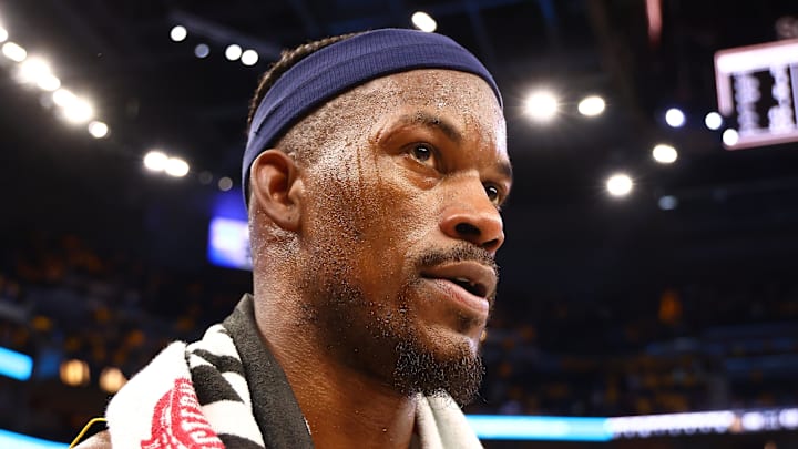 Apr 28, 2025; San Francisco, California, USA; Golden State Warriors forward Jimmy Butler III (10) after the game four of the 2025 NBA Playoffs first round against the Houston Rockets at Chase Center. Mandatory Credit: Kelley L Cox-Imagn Images