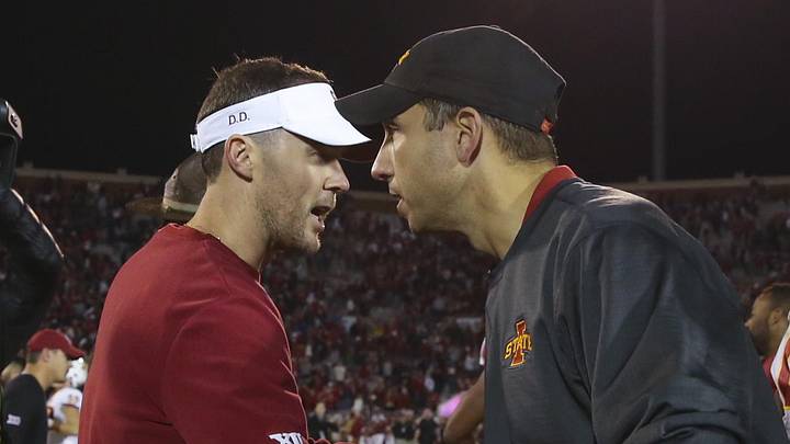 Nov 9, 2019; Norman, OK, USA; Oklahoma Sooners head coach Lincoln Riley (left) shakes hands with Iowa State Cyclones head coach Matt Campbell after the game at Gaylord Family - Oklahoma Memorial Stadium. Mandatory Credit: Kevin Jairaj-Imagn Images Nov 9, 2019; Norman, OK, USA; Oklahoma Sooners head coach Lincoln Riley (left) shakes hands with Iowa State Cyclones head coach Matt Campbell after the game at Gaylord Family - Oklahoma Memorial Stadium. Mandatory Credit: Kevin Jairaj-Imagn Images