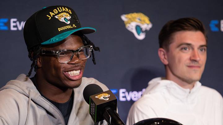 Apr 25, 2025; Jacksonville, FL, USA; Jacksonville Jaguars first round draft pick Travis Hunter talks to the media during a press conference at Miller Electric Center. 