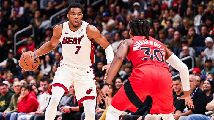 Oct 3, 2026; Quebec City, Quebec, CAN; Miami Heat forward Giannis Antetokounmpo (7) dribbles the ball against Toronto Raptors forward Collin Murray-Boyles (30) during the first quarter at Videotron Centre. Mandatory Credit: David Kirouac-Imagn Images Oct 3, 2026; Quebec City, Quebec, CAN; Miami Heat forward Giannis Antetokounmpo (7) dribbles the ball against Toronto Raptors forward Collin Murray-Boyles (30) during the first quarter at Videotron Centre. Mandatory Credit: David Kirouac-Imagn Images
