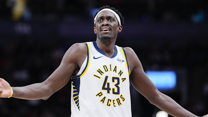 Indiana Pacers forward Pascal Siakam (43) reacts after a call at an NBA game against the Toronto Raptors at Scotiabank Arena. Indiana Pacers forward Pascal Siakam (43) reacts after a call at an NBA game against the Toronto Raptors at Scotiabank Arena.