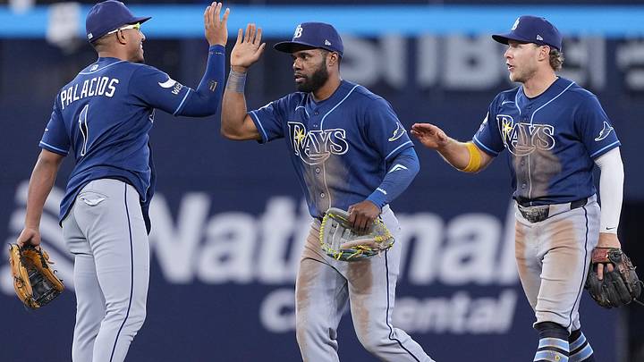 May 12, 2026; Toronto, Ontario, CAN; Tampa Bay Rays pinch hitter Richie Palacios (1) celebrates the win with center fielder Cedric Mullins (31) against the Toronto Blue Jays at the end of the tenth inning at Rogers Centre. May 12, 2026; Toronto, Ontario, CAN; Tampa Bay Rays pinch hitter Richie Palacios (1) celebrates the win with center fielder Cedric Mullins (31) against the Toronto Blue Jays at the end of the tenth inning at Rogers Centre.