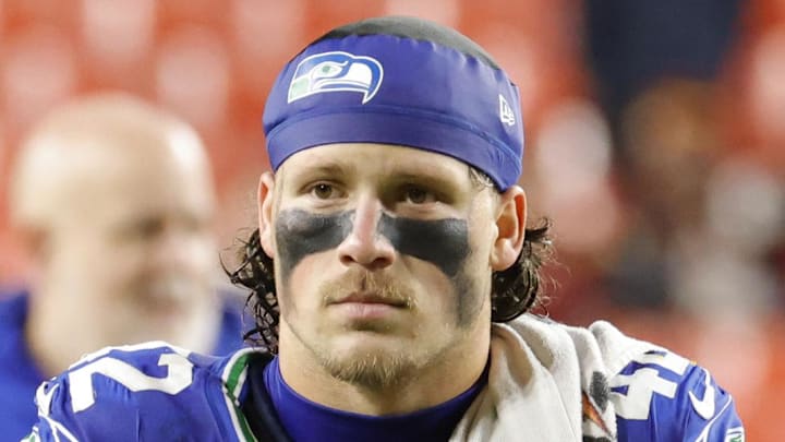 Nov 2, 2025; Landover, Maryland, USA; Seattle Seahawks linebacker Drake Thomas (42) walks off the field after the game against the Washington Commanders at Northwest Stadium. Mandatory Credit: Amber Searls-Imagn Images
