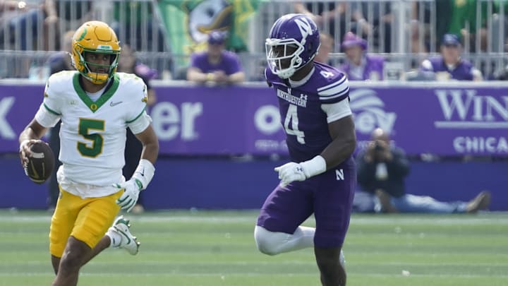 Northwestern Wildcats defensive lineman Anto Saka (4) during the first half at Northwestern Medicine Field at Martin Stadium. Northwestern Wildcats defensive lineman Anto Saka (4) during the first half at Northwestern Medicine Field at Martin Stadium.
