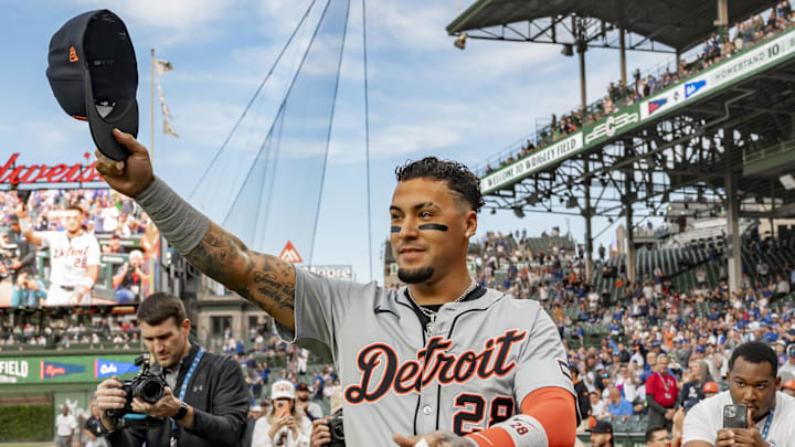 Aug 20, 2024; Chicago, Illinois, USA; Detroit Tigers shortstop Javier Baez (28) is recognized prior to his first game back to Wrigley Field before facing the Chicago Cubs. Aug 20, 2024; Chicago, Illinois, USA; Detroit Tigers shortstop Javier Baez (28) is recognized prior to his first game back to Wrigley Field before facing the Chicago Cubs.