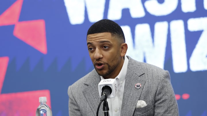 Jan 9, 2026; Washington, District of Columbia, USA; Washington Wizards general manager Will Dawkins  introduces newly acquired Wizards guard Trae Young (not pictured) at a press conference prior to the Wizards' game against the New Orleans Pelicans at Capital One Arena. Mandatory Credit: Geoff Burke-Imagn Images