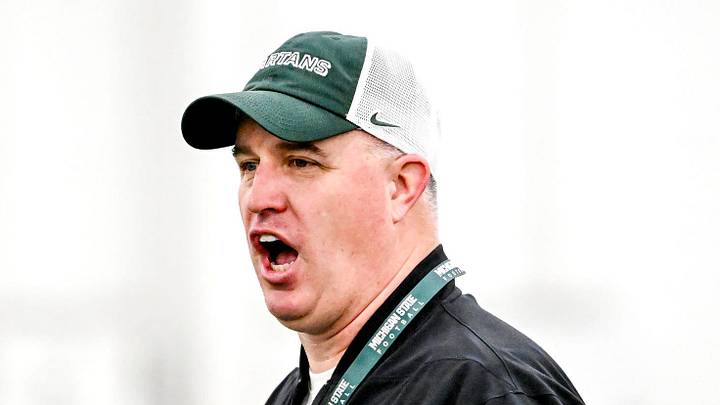 Michigan State's head coach Pat Fitzgerald calls out to players during spring football practice on Tuesday, April 14, 2026, in East Lansing. Michigan State's head coach Pat Fitzgerald calls out to players during spring football practice on Tuesday, April 14, 2026, in East Lansing.