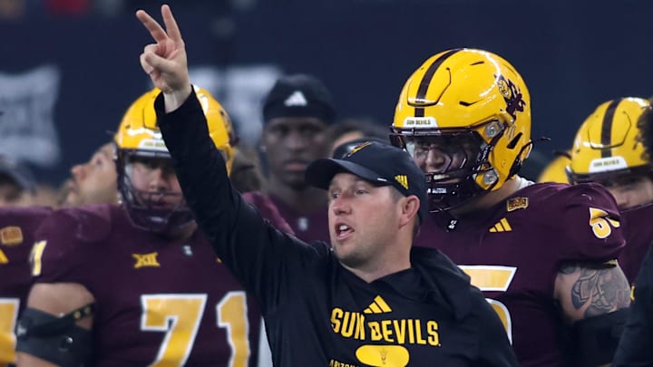 Dec 7, 2024; Arlington, TX, USA; Arizona State Sun Devils head coach Kenny Dillingham stands on the sidelines during the game against the Iowa State Cyclones at AT&T Stadium. Mandatory Credit: Tim Heitman-Imagn Images