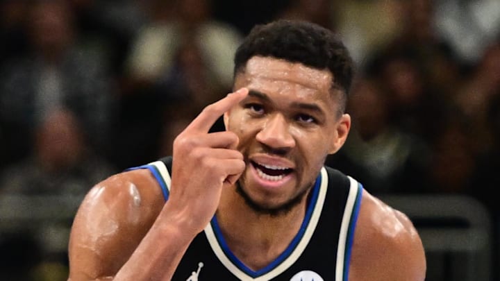 Milwaukee Bucks forward Giannis Antetokounmpo (34) reacts in the second quarter against the Indiana Pacers at Fiserv Forum on November 22, 2024.