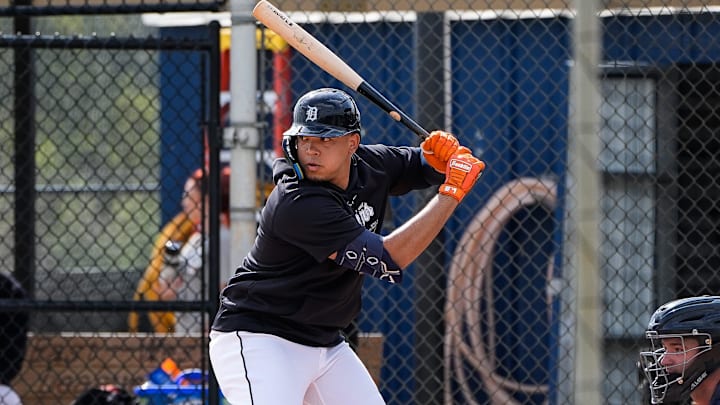 Detroit Tigers catcher Thayron Liranzo bats against pitcher Jake Flaherty during spring training at TigerTown in Lakeland, Fla. on Wednesday, Feb. 19, 2025.