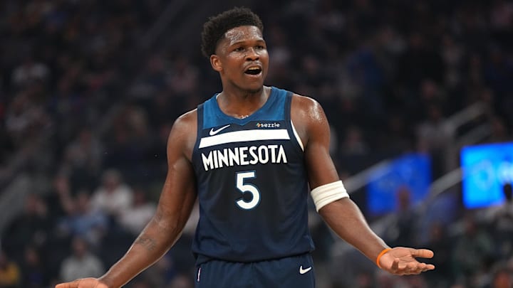 Mar 13, 2026; San Francisco, California, USA; Minnesota Timberwolves guard Anthony Edwards (5) reacts after being fouled against the Golden State Warriors in the first quarter at the Chase Center. Mandatory Credit: Cary Edmondson-Imagn Images